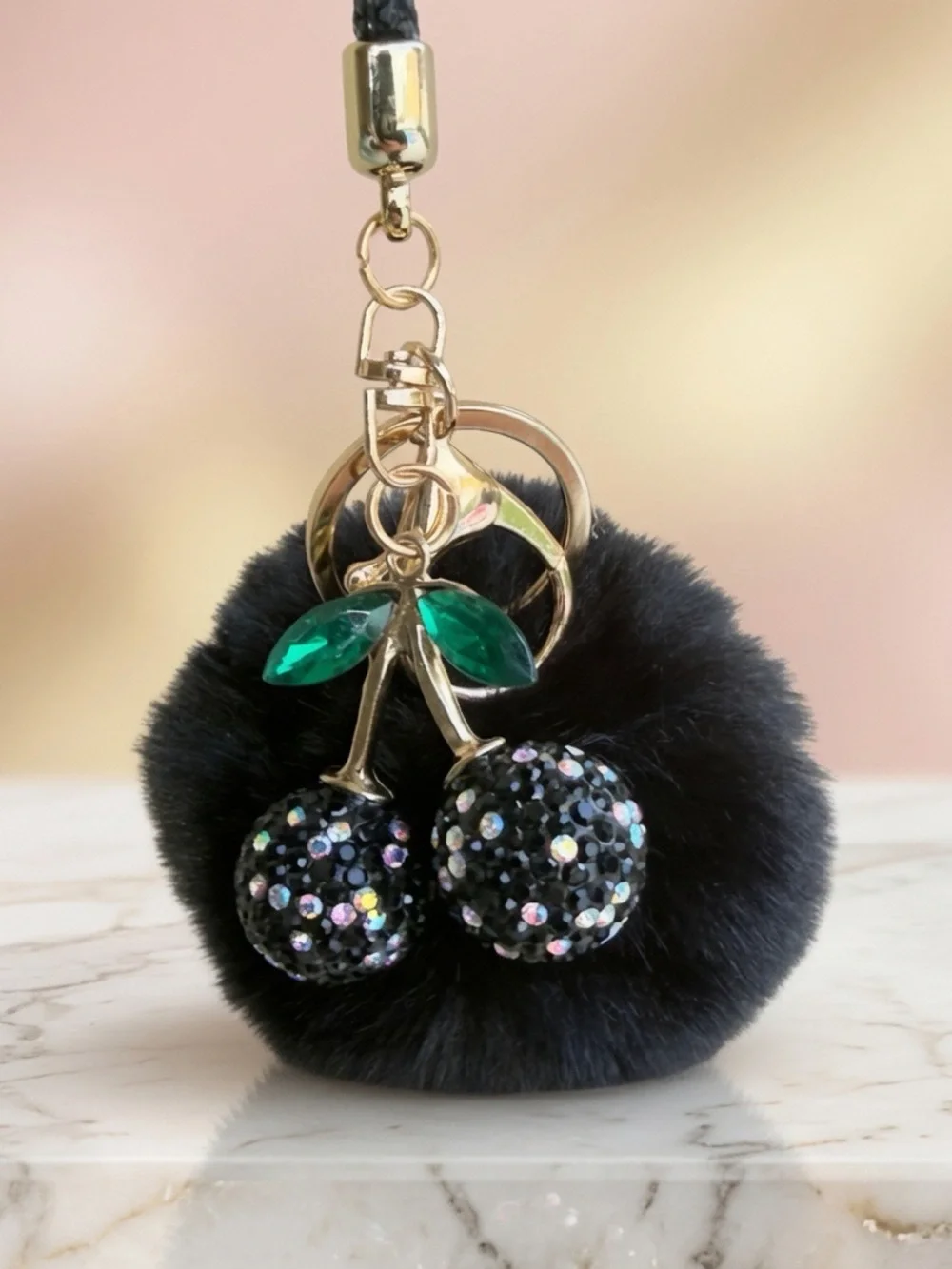 Black Cherry Pom Pom Bag Charm Wristlet Keychain